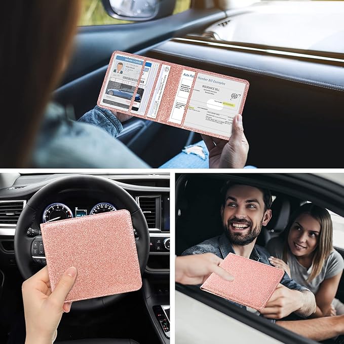 DMLuna Car Registration and Insurance Holder, Folio Leather Vehicle Card Document Glove Box Organizer, Auto Truck Compartment Accessories for Essential Information, Driver License Cards, Glitter Rose
