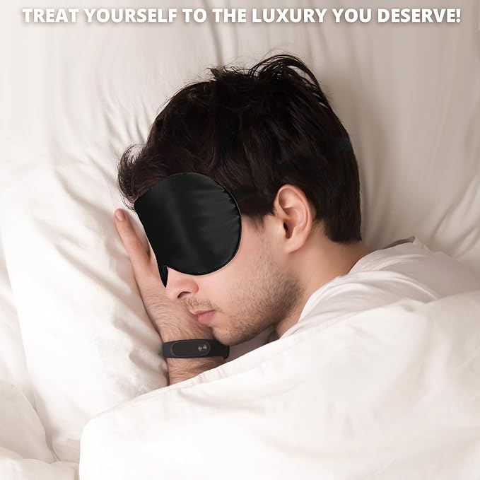 Silk Sleep Mask 100% 22 Momme Mulberry, Sleep Eye Mask for Women Men, Blackout Blindfold with Adjustable Strap, Side Sleeper Eye Cover, Soft Eyeshade Filled with Premium Mulberry Silk (Black)