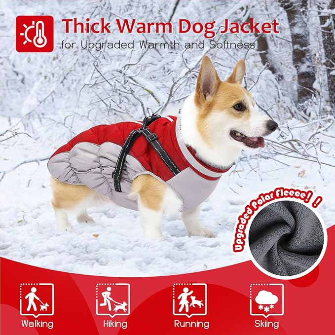Abuandi Dog Winter Coat with Harness, Dog Jacket, Pet Clothes with Zipper on Back, Waterproof Windproof Warm Vest, Reflective Cold Weather Coats, for Small Medium Large Dogs, Thick, Red, 3XL