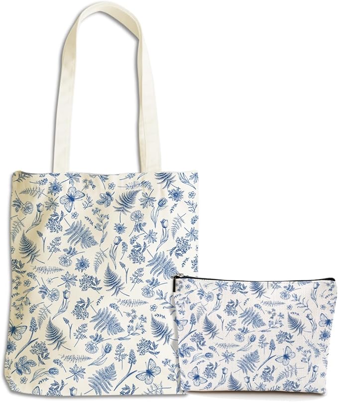 Flower Plant Lover Gifts for Women Canvas Tote Bag with Makeup Bag Cosmetic Bags Grocery Bags for Shopping Christmas