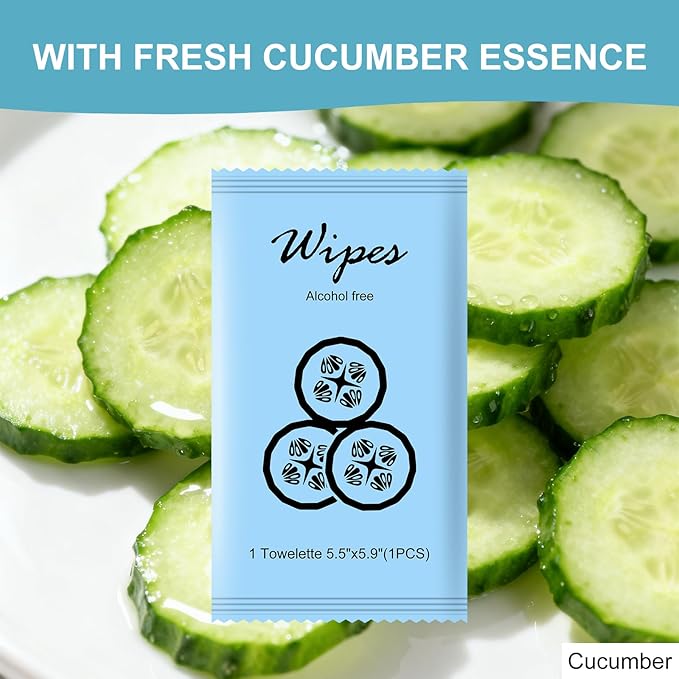 Individual Hand Wipes,Wet Wipes Individually Wrapped Bulk Cleansing Travel Size Wet Wipes for Wedding Travel Restaurant Barbecue(Cucumber,pack of 50)