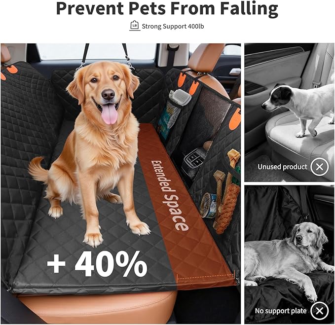 HOTEAGLE Dog Seat Covers for Back Seat, Hard Bottom Back Seat Extender for Dogs, 600D Upgraded Material Waterproof and Comfortable with 400lbs Holds, Ideal for Car Trips and Outdoor Adventures（Black）