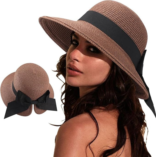 DRESHOW Sun Hats for Women Travel Fedora Foldable Beach Sun Hat Summer Wide Brim Straw Bucket Hat with Bowknot UPF 50+