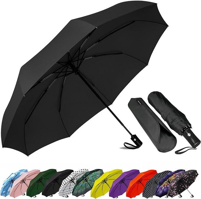 SIEPASA Compact Travel Umbrella - Windproof Auto Open/Close, Small Folding Umbrella for Rain - Lightweight & Durable with Fiberglass Frame, Waterproof Canopy - Fits Backpack, Purse, Suitcase. (Black)