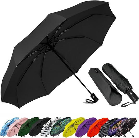 SIEPASA Compact Travel Umbrella - Windproof Auto Open/Close, Small Folding Umbrella for Rain - Lightweight & Durable with Fiberglass Frame, Waterproof Canopy - Fits Backpack, Purse, Suitcase. (Black)