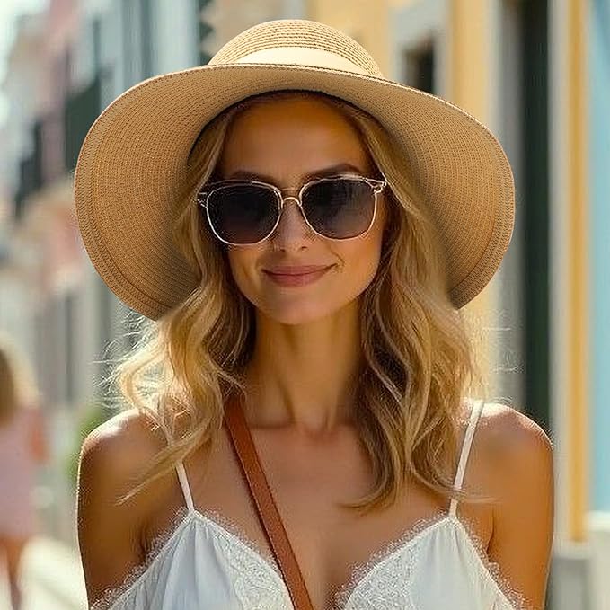 DRESHOW Sun Hats for Women Travel Fedora Foldable Beach Sun Hat Summer Wide Brim Straw Bucket Hat with Bowknot UPF 50+