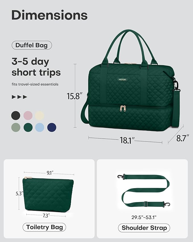 HOTOR Travel Duffel Bag - Weekender Bags for Women, Carry On Overnight Bag with Shoe Compartment, with Toiletry Bag for Travel Essentials and Travel Accessories, Dark Green, 15.8"×18.1"×8.7"