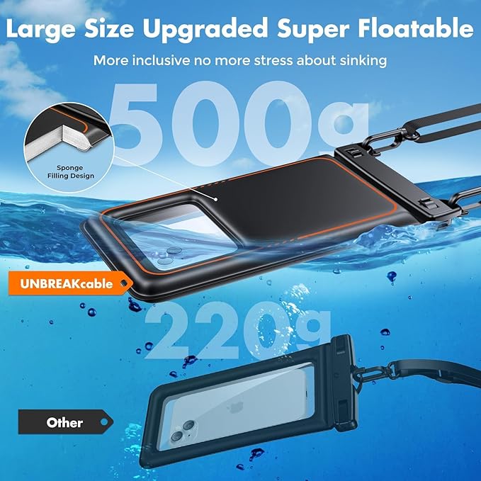 UNBREAKcable [UP to 9.5"]XL Size EXTRA Large Waterproof Phone Pouch Floating IPX8 Phone Case Dry Bag for iPhone 17 Air 16 15 14 Pro Max Samsung S25 Ultra, Travel Kayaking Beach Essentials - 2 Pack