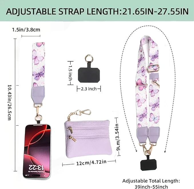 Crossbody Body Phone Holder for Women, New Phone Strap with Zippered Pouch, Adjustable Crossbody Strap (Lavender)