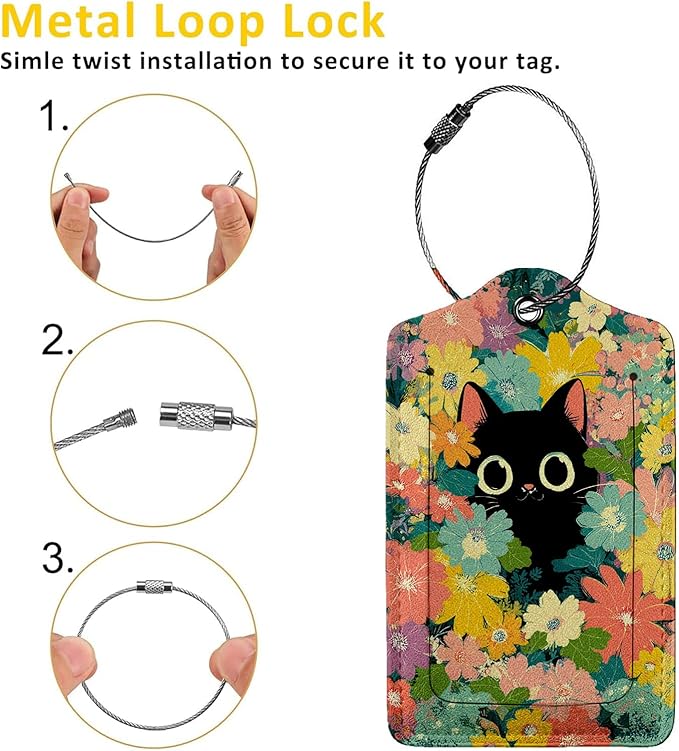 Black Cat and Flower Luggage Tag 3 Pack Travel Cruise Luggage Tags for Suitcases, Identifiers Bag Tags with Privacy Flap, Baggage Name Tag for Women Men Luggage Backpack Handbag School Bag