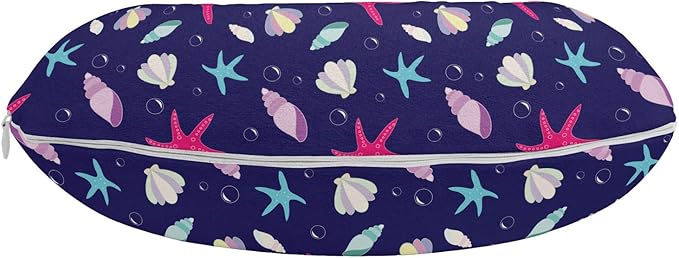 Ambesonne Navy and Blush Travel Pillow Neck Rest, Nautical Marine Pattern with Shells Starfishes and Bubbles Aquatic Wildlife, Memory Foam Traveling Accessory for Airplane and Car, 12", Purple Pink