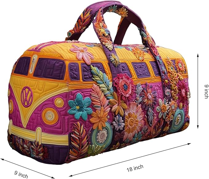 Hippie Journey Quilted Duffel Bag Hippie Van Travel Duffel Bag Vintage Floral Weekender Overnight Bags Women Gym Bags