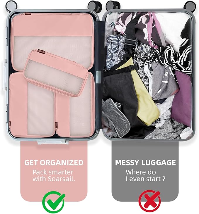 4 Piece Compression Packing Cubes for Suitcases and Backpack, Lightweight Travel Organizers (Light Pink)