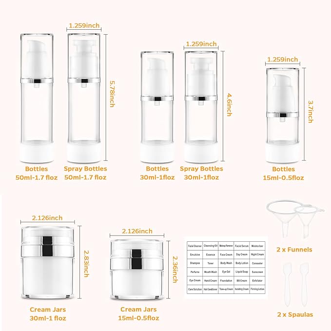 13 Pack Travel Size Containers, 1.7/1/0.5oz Clear Airless Pump Bottles, Makeup Containers, TSA Approved Skincare Empty Travel Bottles Leak Proof Refillable Jars for Toiletries, Lotion, Liquid, Cream