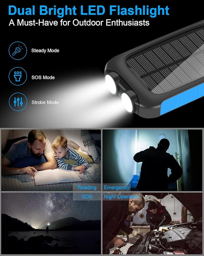 Portable Charger, 20000mAh Solar Power Bank 5V/2.4A Fast Charging with Type-C and Dual USB-A Ports Compatible with iPhone, Samsung, IPX5 Waterproof, Bright Flashlight for Camping, Hiking, Outdoor