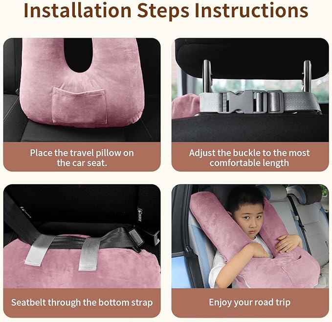 Car Pillow for Kids, Travel Pillow for Car, Toddler Travel Pillow for Sleeping Carseat Pillow for Adults, Removable and Washable Covers, Long Car Ride Essentials, Pink-Skin Friendly