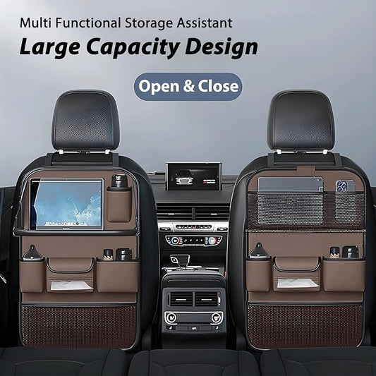 FASTAGEI 2 Pack Universal Foldable Car Backseat Organizer with Table Tray, Car Seat Back Protector with Touch Screen Phone Holder, Premium Leather Kick Mats with Storage Pockets Tissue Holder (Brown)