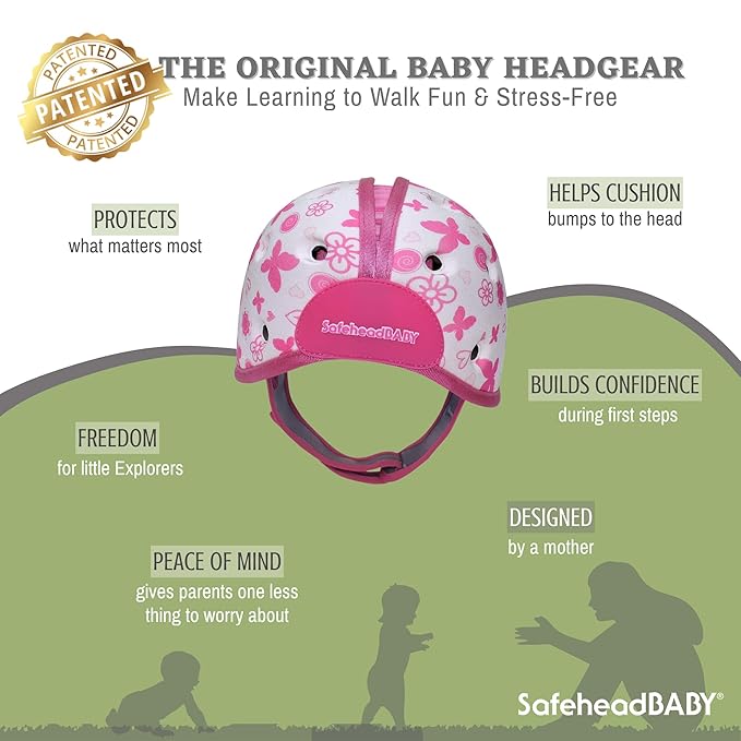 SafeheadBABY Soft Baby Head Protector Helmet for Crawling and Walking 7–24 Months – Ultra-Lightweight & Breathable Infant Safety Helmet That Grows with Your Baby (Circ. 40–52 cm) –Butterfly Heart Pink