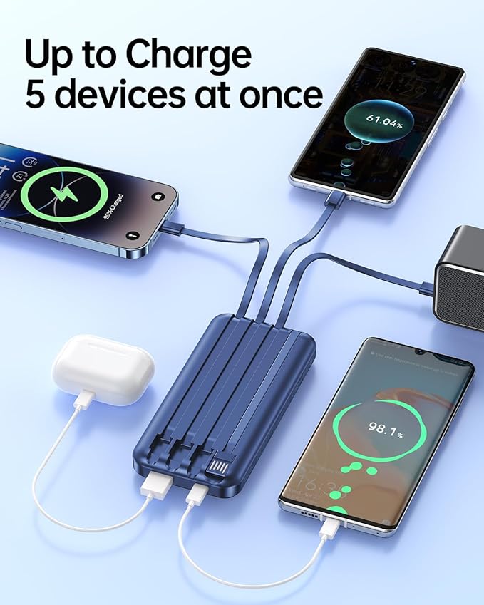 Portable Charger with Built in Cable - Power Bank Fast Charging USB C LED Display 10000mah Battery Pack 5 Outputs & 3 Inputs for Travel Essentials iPhone Samsung Android Phones Tablets Blue