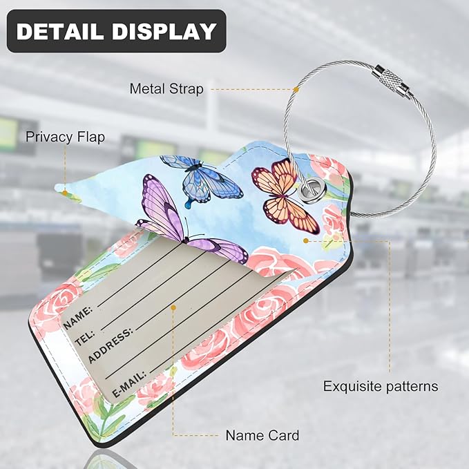 2Pack Luggage Tags for Suitcases, Cute Unique Pu Leather Cruise Luggage Tag with Privacy Cover ID Label Address Card and Metal Ring Suitable for Women Men Kids Travel Bag Pink Flowers and Butterflies