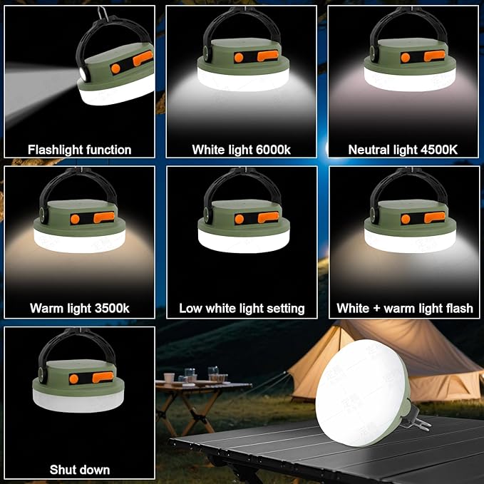 Outdoor Camping lamp Rechargeable lamp, Portable Lighting lamp. Equipped with 6 Brightness Settings, Tent lamp with Hook, Suitable for Power outages, Hiking, and Emergencies. (Army Green)