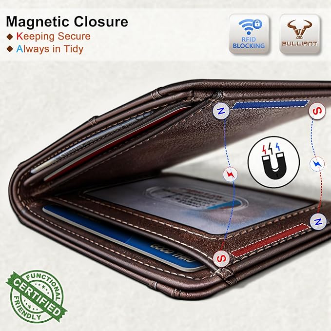 BULLIANT Men Wallet,Slim Leather Wallet Money Clip Magnetic Closure Simplifed Bill Folder 10Cards RFID Blocking 4.3"×3"