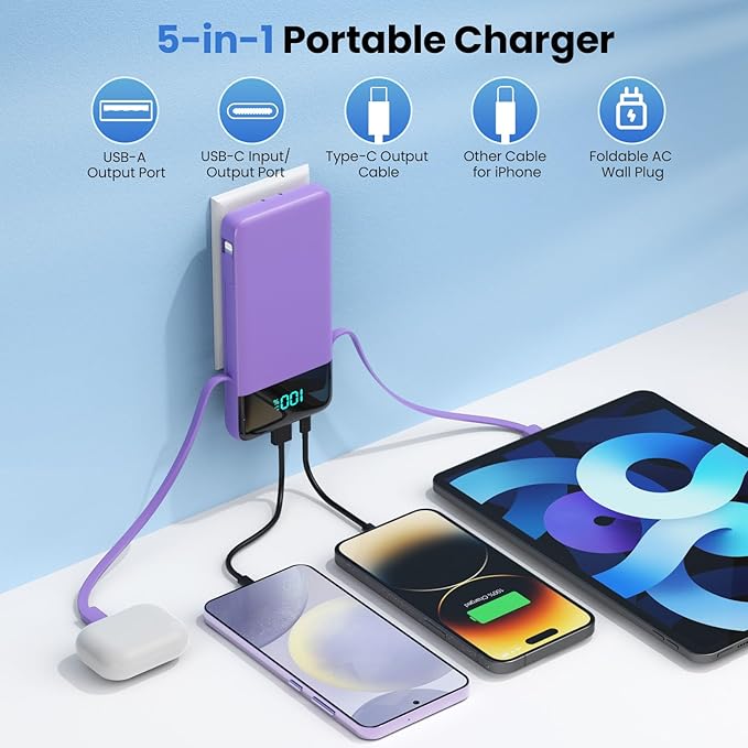 Portable Charger for iPhone,13800mAh Slim Power Bank with Built-in Cables & AC Wall Plug,All in One 4 Outputs USB C Fast Charging Battery Pack Travel Essential for iPhone 17/16/15/14,Android (Purple)