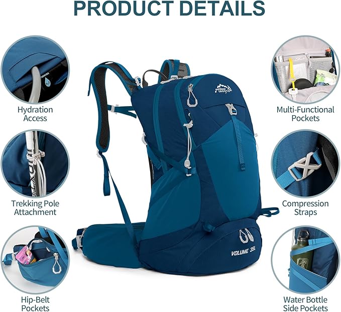 Hiking Backpack, Waterproof Hiking Daypack with 3L Water Bladder and Rain Cover, Lightweight Travel Camping Backpack for Men Women (Blue)