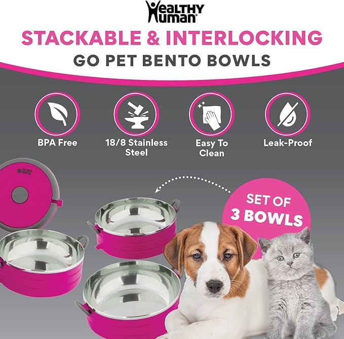 Healthy Human Travel Pet Bento Bowls - Leak Proof, Human-Grade Stainless Steel & BPA-Free, 3-Pack Water & Food Container Set, Clips & Handle (Pink)