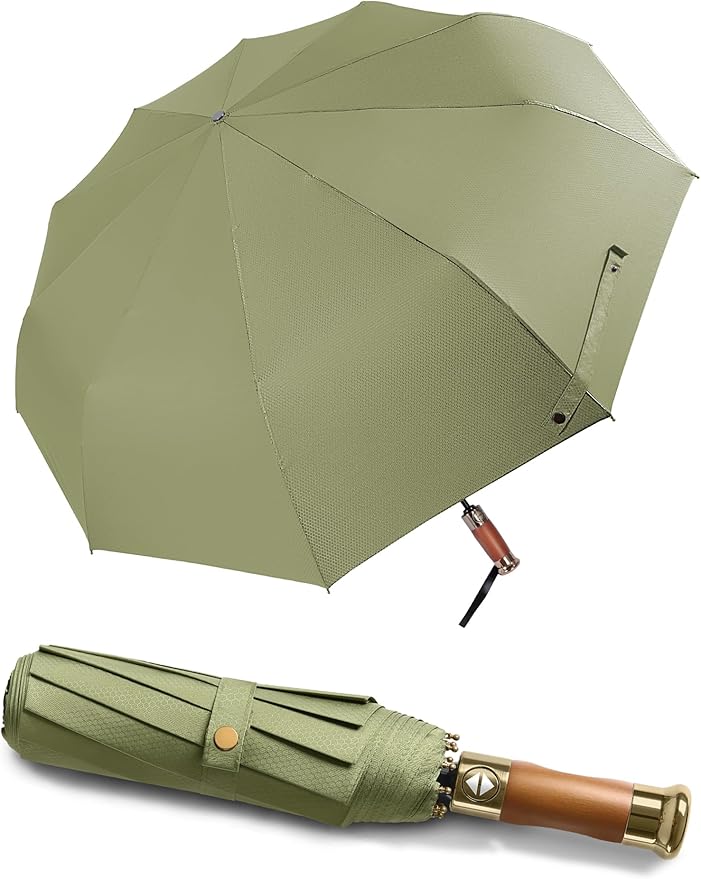 Rain Cats Large Umbrella 45 Inch diameter Umbrellas for rain Strong10 Ribs Fiberglass Windproof big Compact Automatic portable Folding Travel/Thick Fabric/Wood handle