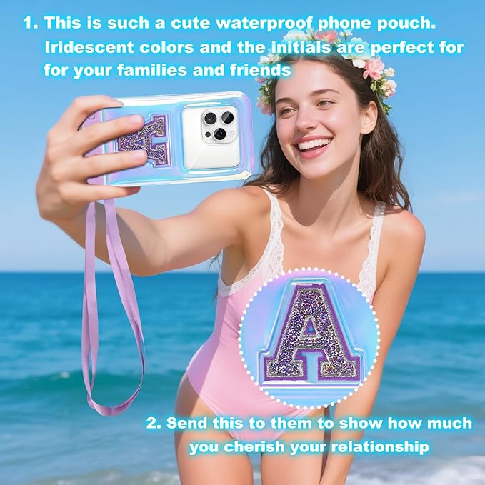 Waterproof Phone Pouch Floating, IP68 Case, Glitter Purple | for iPhone 16/Galaxy S24 | Up to 7.0'' | with Adjustable Lanyard | Dry Bag Beach Essentials | 1 Pack