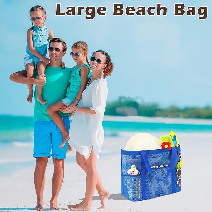 Mesh Beach Bag, Large Beach Tote with Zipper Pocket for Family Pool Bag for Toys & Vacation Essentials