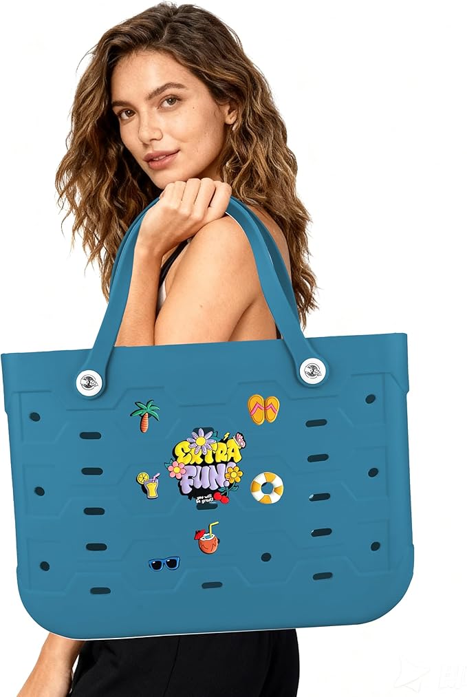 2-Piece Tote Bag Set, Waterproof Rubber Beach Bag with Summer Pattern, Medium & Large Handbag for Pool, Beach, Boat