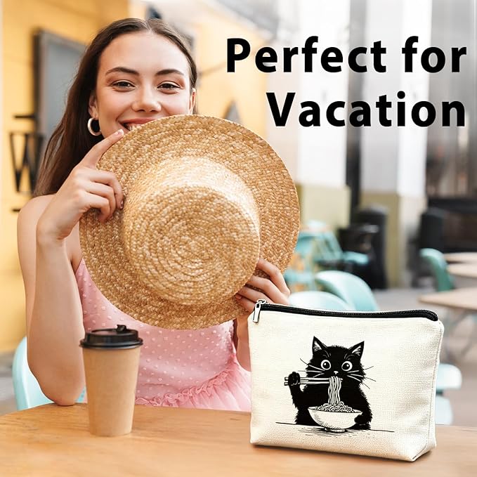 Black Cat Makeup Bag, Funny Black Kitty Eat Noodles Cosmetic Bags for Women, Cat Mom Lady Lover Gifts for Women, Pet Lovers Owners Gifts Zipper Makeup Pouch