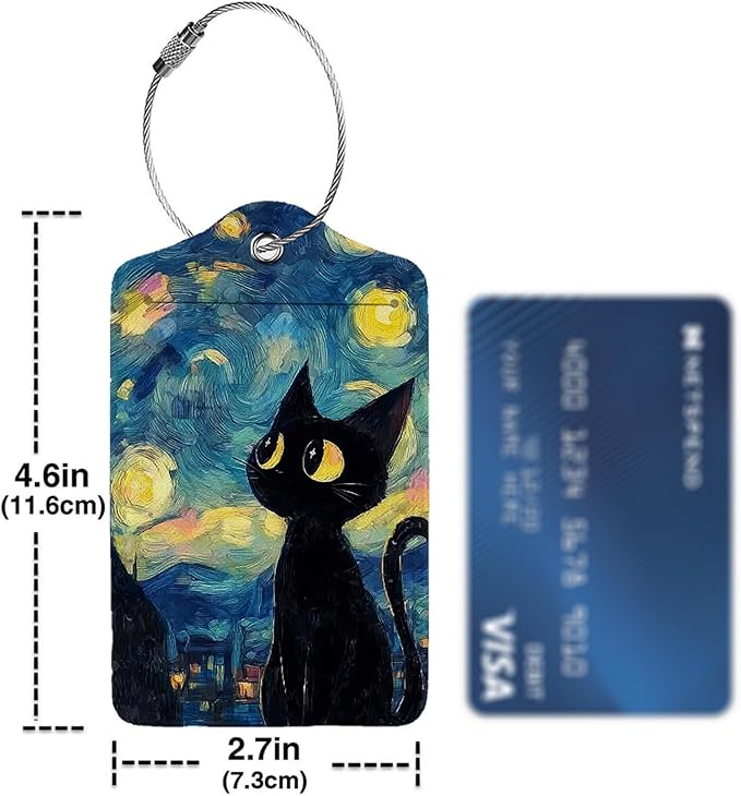 Black Cat Starry Night 3 Pack Luggage Tags for Suitcases, PU Leather Baggage Suitcases Tag Name ID Label Privacy Cover Travel Bag Tags for Women Men Boys Girls