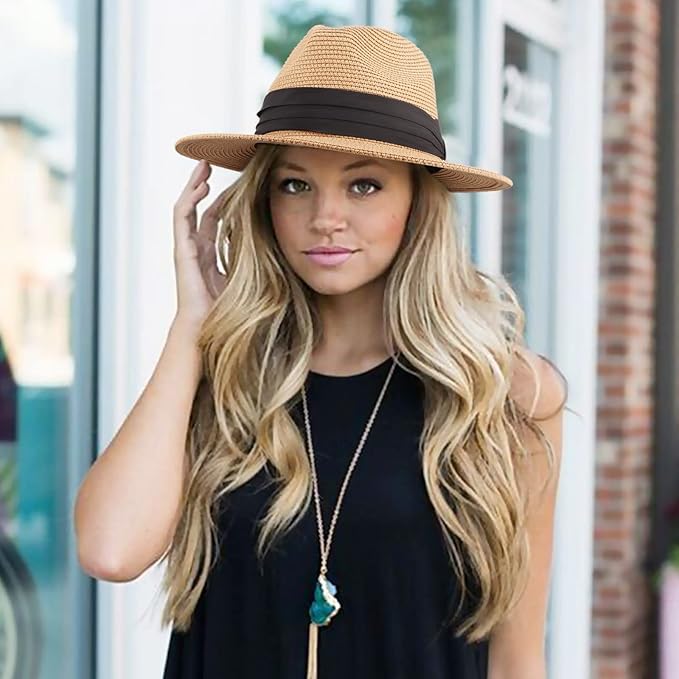 DRESHOW Women Straw Panama Hat Travel Fedora Beach Sun Hat Summer Wide Brim Straw Roll up Hat UPF 50+