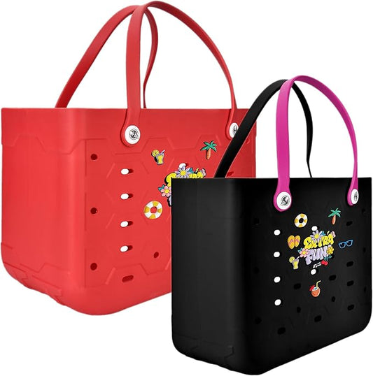 2-Piece Tote Bag Set, Waterproof Rubber Beach Bag with Summer Pattern, Medium & Large Handbag for Pool, Beach, Boat