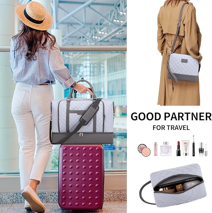 Weekender Bag, Large Travel Duffel Bag for Women, Carry on Overnight Bag with Shoe Compartment and Toiletry Bags