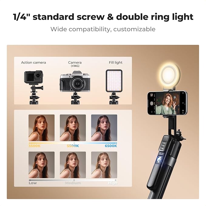 K&F CONCEPT 71“ Face Tracking Tripod for iPhone, Auto Face Tracking Selfie Stick with 2 Fill Lights, Auto Face Tracking Tripod 360 Totation with Stand, Gesture Control, Remote Control