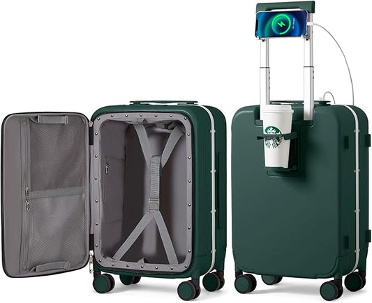 mixi Carry On Luggage with Cup Phone Holder and Charger Hard Shell Suitcases with Spinner Wheels,20 Inch Blackish Green