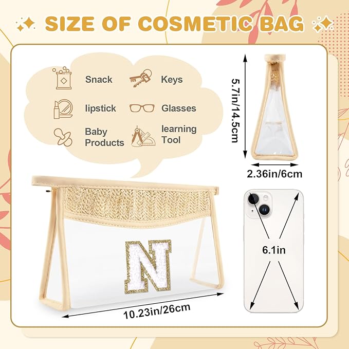 Personalized Initial Letter Bag Boho Straw Clear Makeup Bag,Small Cute Chenille Varsity Letter Bag With Zipper,Beach Travel Toiletry Bag,Portable Monogrammed Cosmetic Bag for Women Girls,N