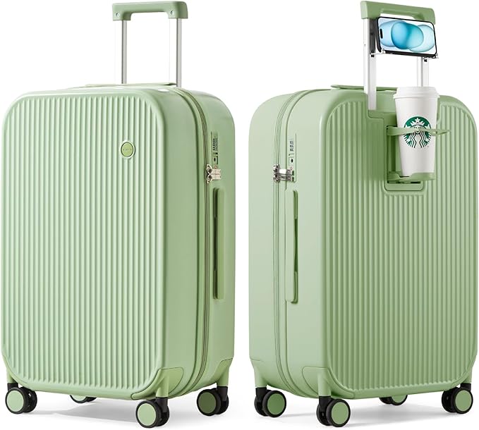mixi Checked Luggage with Cup Phone Holder Hard Shell Rolling Travel Suitcase with Spinner Wheels,24 Inch Avocado Green
