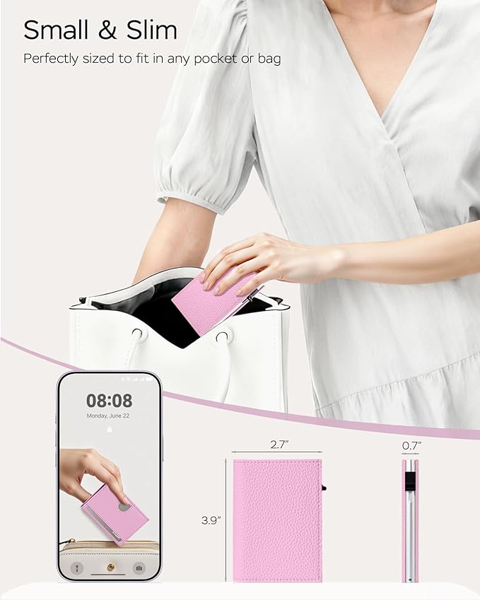Vast Scenery Women's Small Wallet - Soft Sakura Pink Aesthetic, RFID Blocking Smart Metal Pop Up Card Holder, Ultra Slim Fits Most Bags & Pockets, Holds 11+ Cards 10+ Bills, Gift for Her
