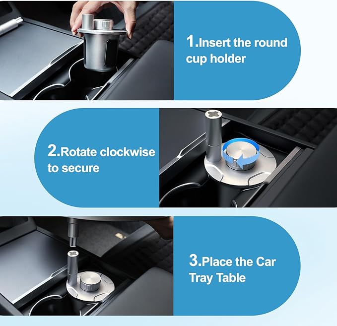 Car Tray Table & Car Desk for Laptop with 2 Risers and Anti-slip Pad, 360° Rotating Cup Holder for Working and Eating Compatible with Tesla Model 3/Y/S/Ensure The Cup Holder is Round/White