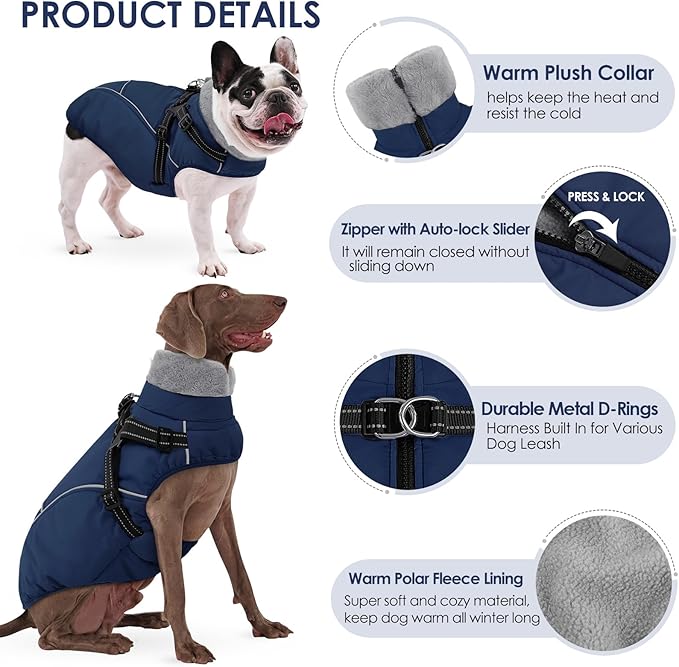 AOFITEE Dog Winter Coat, Waterproof Dog Jacket with Harness Built in, Warm Fleece Dogs Coats for Medium Dogs, Reflective Cozy Thermal Pet Puffer Jacket Snowsuit with Zipper & Furry Collar, Blue M