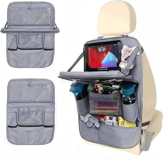 Backseat Car Organizer with Tray, 9 Storage Pockets Back Seat Protector with Foldable Tablet Holder, Waterproof Back of Seat Kick Mats for Kids Adult, Travel Accessories, Gray