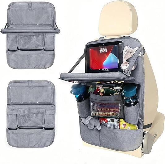 Backseat Car Organizer with Tray, 9 Storage Pockets Back Seat Protector with Foldable Tablet Holder, Waterproof Back of Seat Kick Mats for Kids Adult, Travel Accessories, Gray