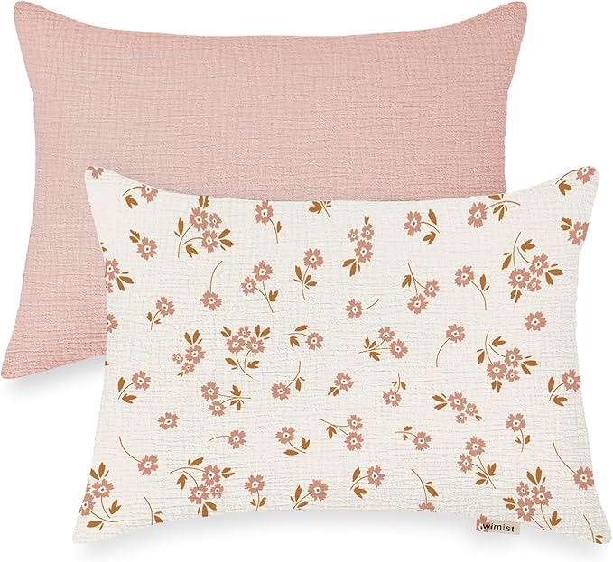 Toddler Pillowcases for 13"x18" Pillow 2 Pack, Muslin Small Toddler Baby Kids Travel Pillow Covers for Boys Girls with Envelope Closure (Flower E & Pink, 13 x 18 Inch)