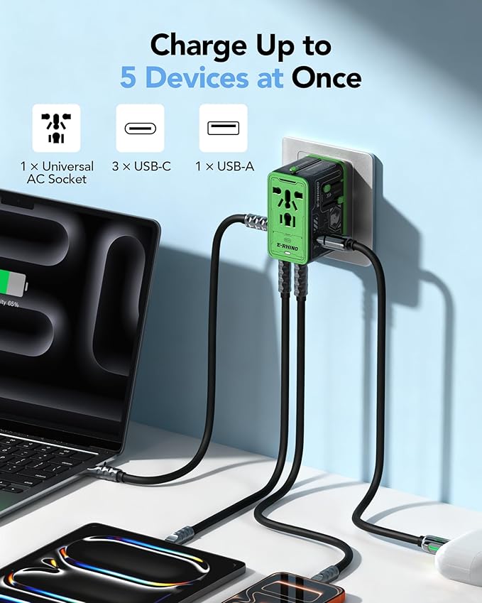 Mfish Universal Travel Adapter, 75w 5-Port International Plug Adapter, 1 USB-A, and 3 USB-C, Worldwide Wall Charger for EU/UK/AUS/CN Compatible with Over 200 Countries, Black