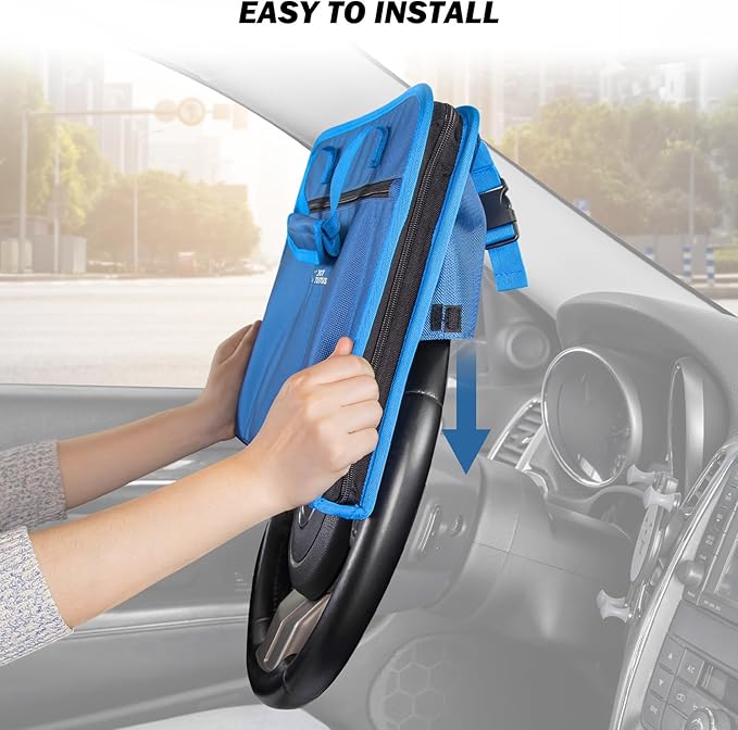 JOYTUTUS 3 in 1 Steering Wheel Eating Tray (Blue), Car Back Seat Laptop Desk, Multifunctional Office Bag Car Work Table for Writing, Car Organizer for Kids, Commuters, Family